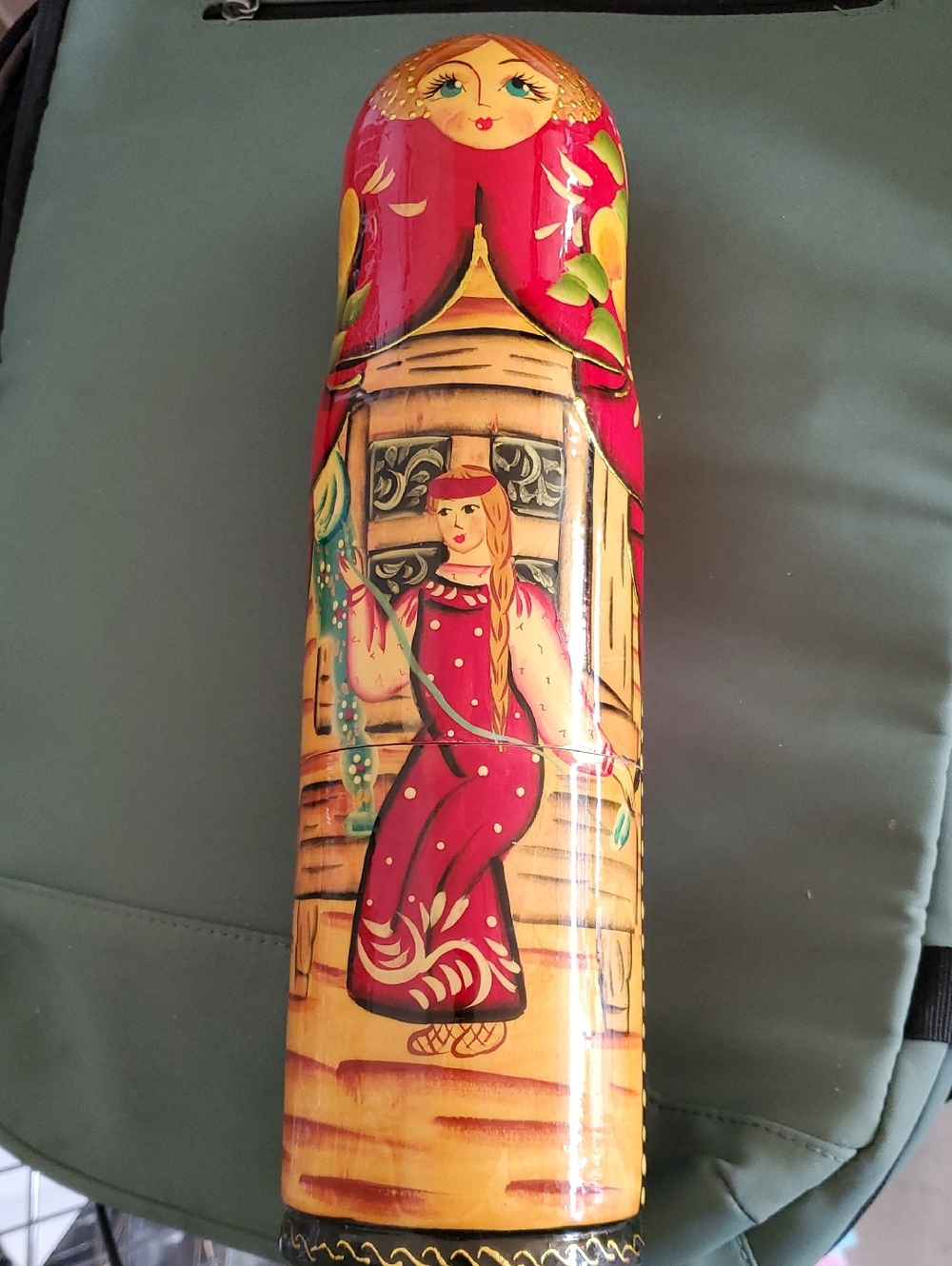 Hand-Painted Red and Gold Matryoshka-Style Wood Sculpture